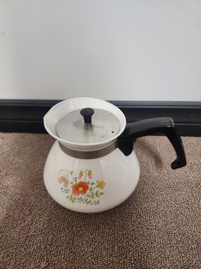 Corningware White Coffee Pot with Black Handle and Floral Design